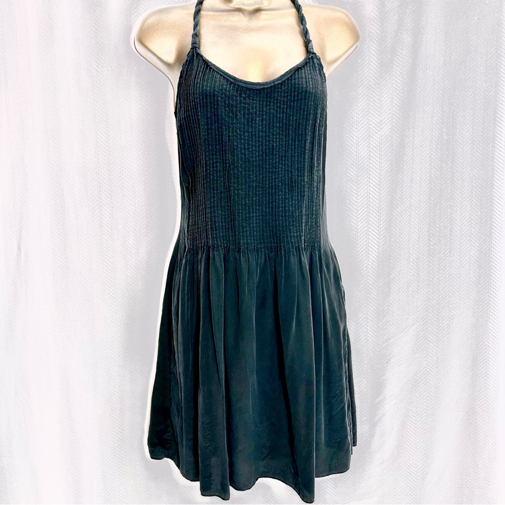 Banana Republic black silk halter top dress 4 pleated braided summer beach party
